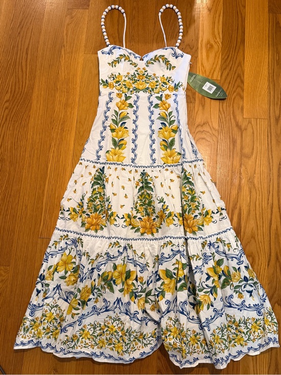 FARM Rio Dresses & Skirts - FARM Rio White Maxi Dress with Yellow Floral & Blue Scrolls